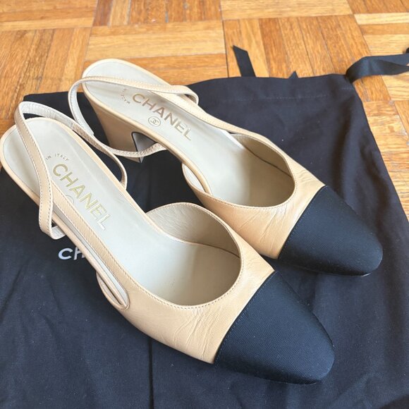 Chanel Classic Slingback Pumps – Beige & Black (Goatskin & Grosgrain) - Picture 3 of 9